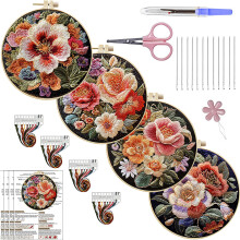 (4PCS Flowers) 3D Color Flower Hand Embroidery Kit, Beginner-Friendly Circular Decorative Paintings for Craft Enthusiasts