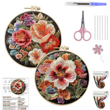 (2PCS Flowers-1) 3D Color Flower Hand Embroidery Kit, Beginner-Friendly Circular Decorative Paintings for Craft Enthusiasts
