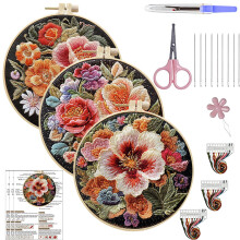 (3PCS Flowers) 3D Color Flower Hand Embroidery Kit, Beginner-Friendly Circular Decorative Paintings for Craft Enthusiasts