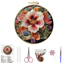 (Flowers-1) 3D Color Flower Hand Embroidery Kit, Beginner-Friendly Circular Decorative Paintings for Craft Enthusiasts
