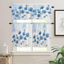 Floral Kitchen Curtain Valance & Tiers Set – Poppy Watercolor Design, 3-Piece Rod Pocket, 54"x24", Spring Flower Theme