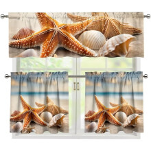 Beach Starfish Valance Curtains Set for Windows Kitchen Valances Window Treatments for Kitchen Bathroom Bedroom Home Decor Curtain,24 Inch Length