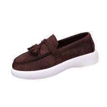 Coffee Women'S Loafers Tassel Round Toe One-Foot Flat Shoes For Casual Four-Season Wear - Flocked Material Comfort Design