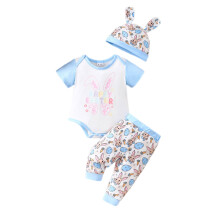 Piger Drenge Kortærmet Påske Tegneserie Print Romper Bodysuit Bukser Hue 3Pk Outfits (Spædbørn, S05-Blå, 6-12 Måneder)