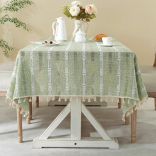 Rustic Stripe Embroidered Tablecloth Tassel Cotton Linen Table Cloth Table Cover for End Bedside Coffee Teapoy