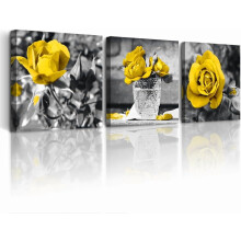 Store moderne veggkunst-lerretstrykk – svart-hvite gule roseblomster, passer til soverom, stue, kjøkken, bad, jenterom