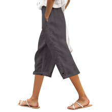 Gestreifte Leinenhose für Damen, Leinen-Caprihose, leichte Frühlings-/Sommerhose für Damen 2025, Damen-Nadelstreifenhose, Grau
