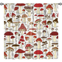 Mushroom Curtains with Cartoon Mushrooms & Plants, Rod Pocket Thermal Drapes for Bedroom/Kitchen, Red Brown, 63"x63", Compatible with Standard Rods