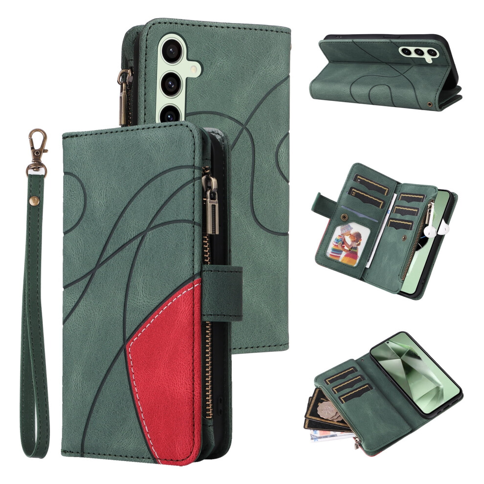 Samsung Galaxy S24 Fe 5G Wallet Case With 9-Card Holder, Zipper Pocket, Magnetic Closure, Pu Leather Folio & Wrist Strap Â Green 9489952224770
