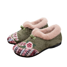 Green Velvet Embroidery Flat Shoes Ethnic Style Winter Shoes For Women Cozy Indoor Outdoor Casual Wear Short Plush Material Soft Sole Comfortable Fit