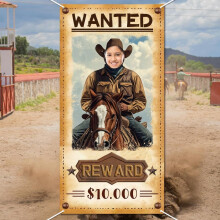 Banner foto pentru ușă Western Wanted – Fundal din material textil 70.8x35.4" cu față de cowboy în gaură, compatibil cu petrecerea de ziua de