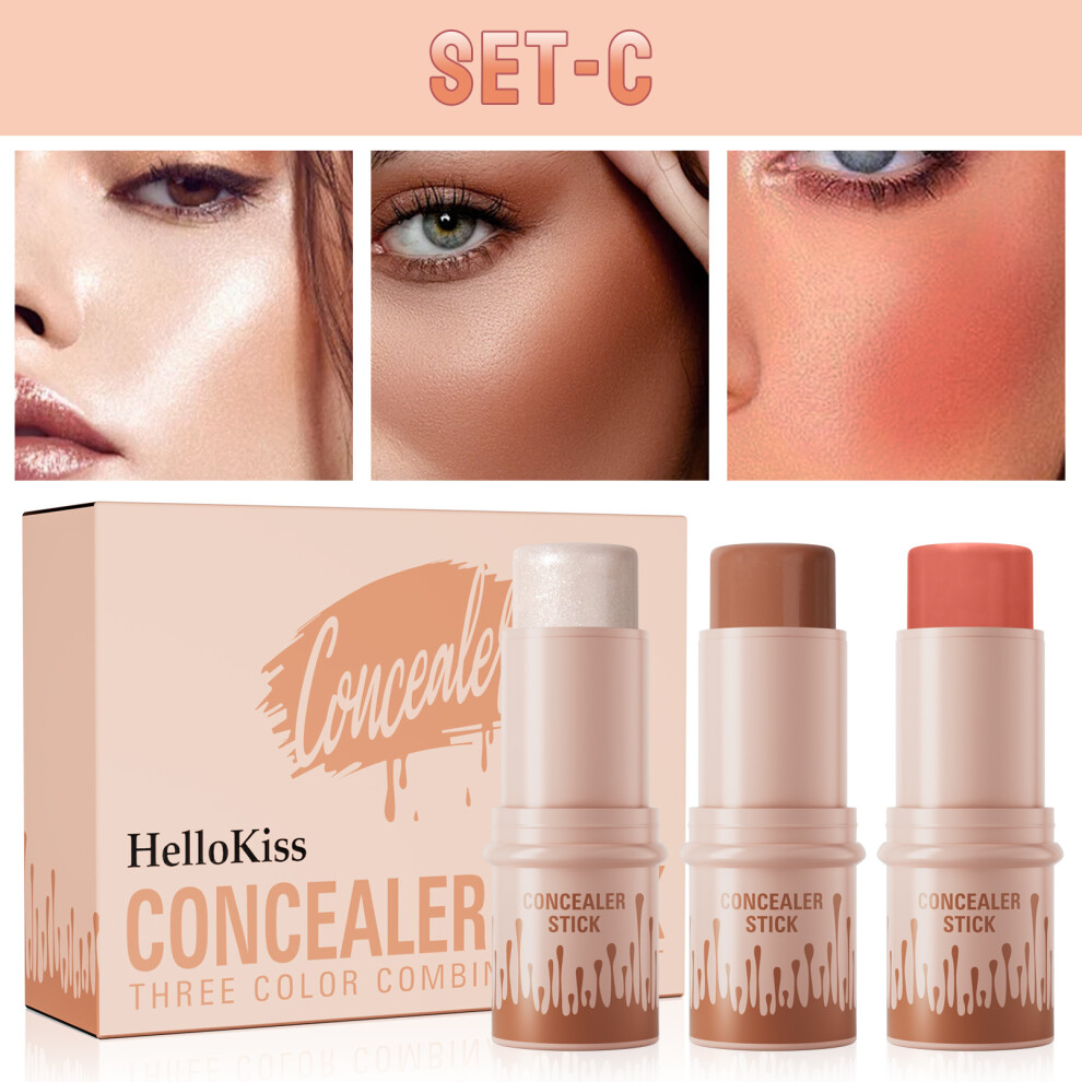 (SET C) Hellokiss 3Pcs Contour Highlight Blush Stick Set Stereo Facial Makeup