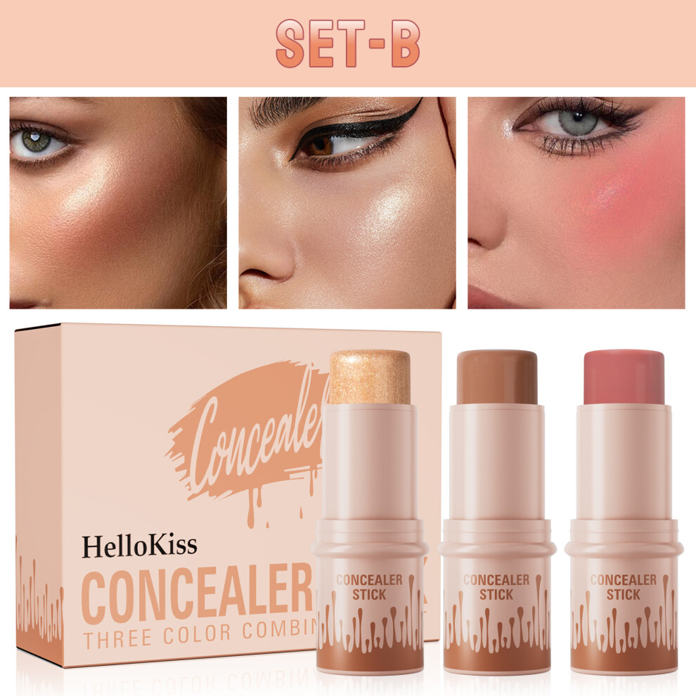 (SET B) Hellokiss 3Pcs Contour Highlight Blush Stick Set Stereo Facial Makeup