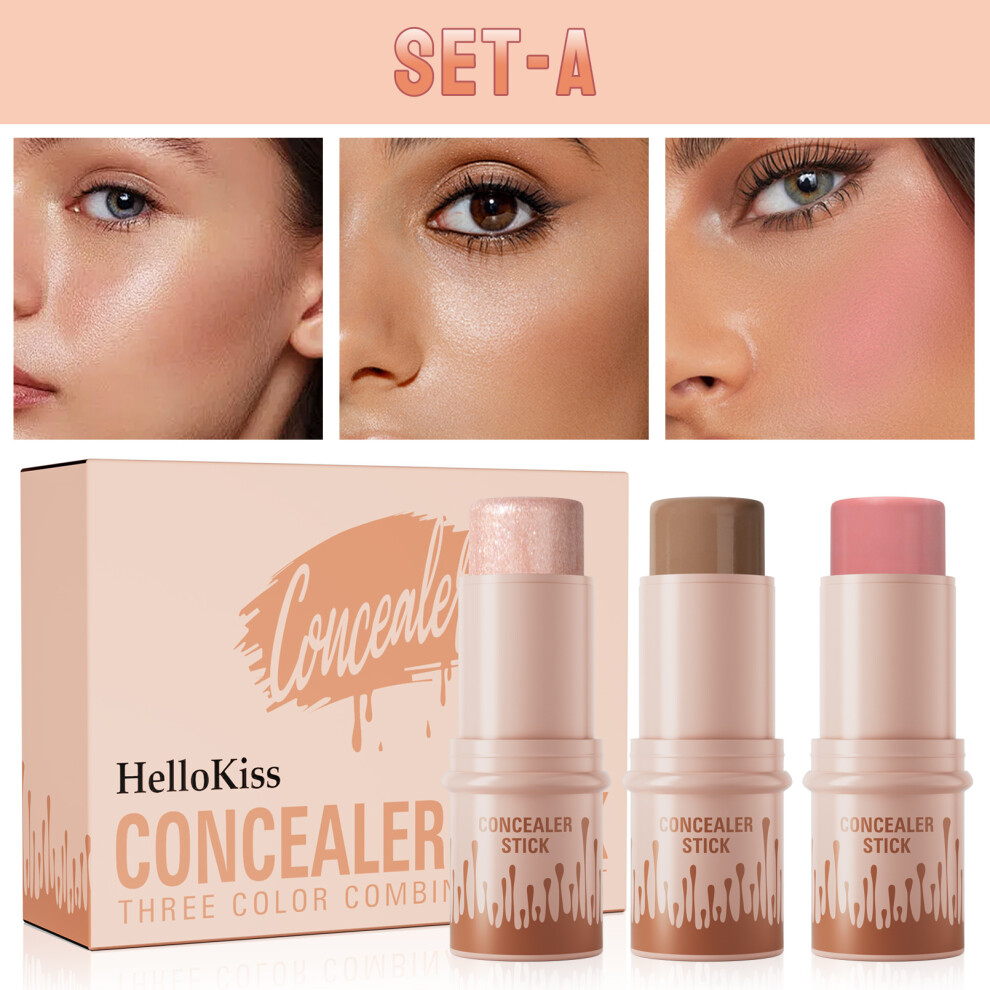 (SET A) Hellokiss 3Pcs Contour Highlight Blush Stick Set Stereo Facial Makeup
