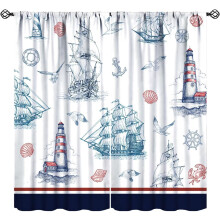 Nautical Adventure Curtains, Coastal Beach Vintage Navy Blue Lighthouse Sailboat Anchor Drapes, 84" W x 84" L