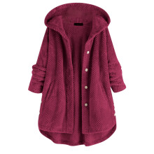 Pocket Coat Oregelbunden lång fleeceväst för kvinnor Huva Fleecejacka med knappar Fleeceärm Fleecejacka med innerfickor Plusstorlekar Dam Morrow