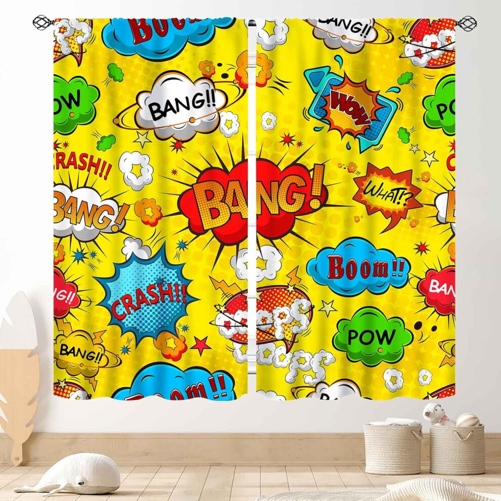 Super Hero Curtains for Boys, Retro Comic Pattern, Blackout, Yellow & Black, 2 Panels (42"x63"), Compatible with Kids/Teens/Nursery
