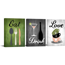3er-Set abstrakter Leinwanddrucke in Grün und Grau: Thema „Essen, Trinken, Lieben“, fertig zum Aufhängen – passend für moderne Küchen,