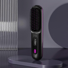 (Black)Electric LCD Usb Ceramic Heating Straight Hair Comb Wireless Portable Negative Ion Styling Tool Rechargeable Straightening Brush