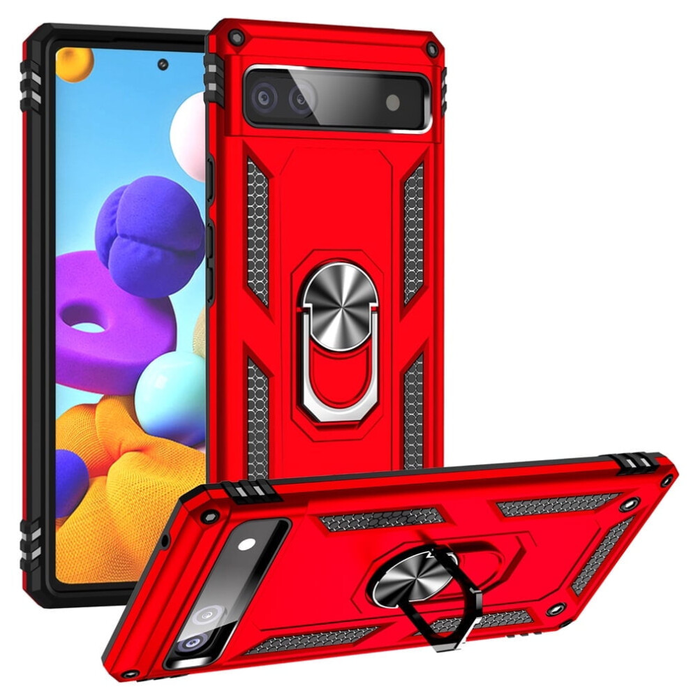Impact-Resistant Magnetic Phone Case With Kickstand & Metal Ring For Google Pixel 6A 6.1-Inch, Compatible With Google Pixel 6A Red 9489952224329