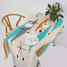 1950s Boho Tablecloth, Mid-Century Geometric Atomic Pattern in Orange & Blue, Rectangle (55x55 in), for Kitchen, Holiday, Hotel – Compatible with