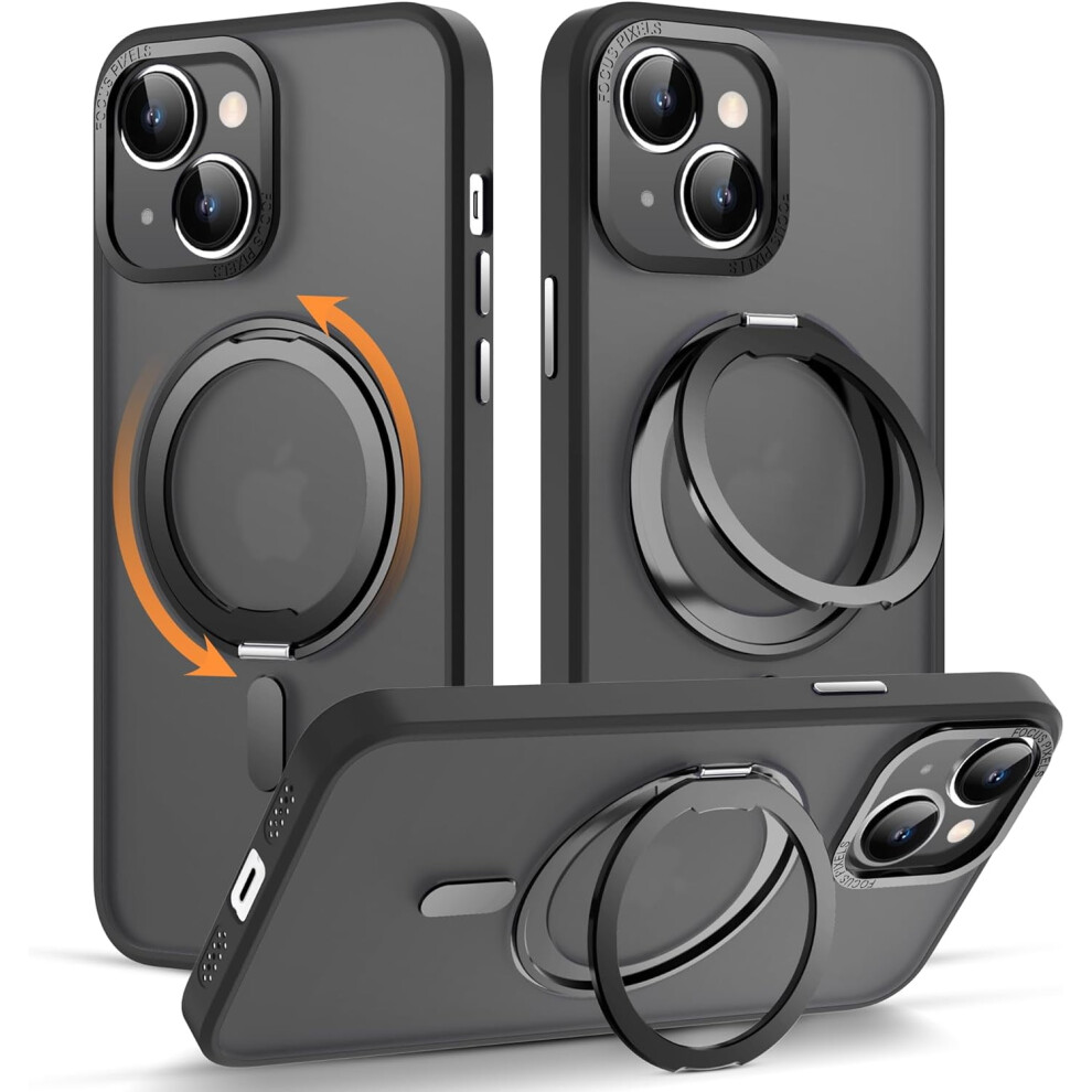 Iphone 15 Case With 360 Rotatable Magnetic Ring Stand, Magsafe Compatible, Translucent 6.1" Black 9448483015820