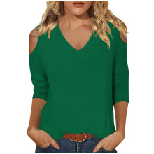 Dame 3/4 ærmer V-hals Tøj Kold skulder Udskæring Søde T-shirts Casual Tunika Ensfarvet Bluse T-shirts Toppe