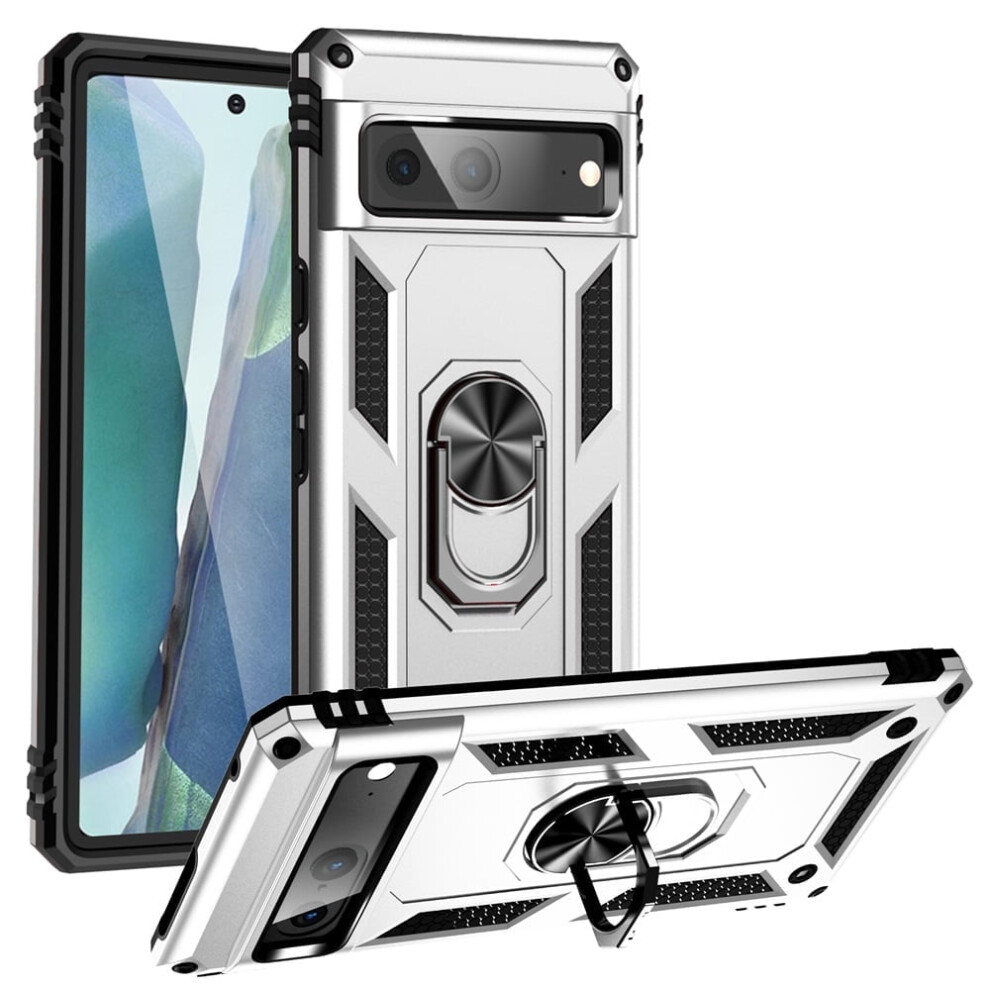 Google Pixel 7 6.4-Inch Case – Impact Resistant, Metal Ring, Magnetic Kickstand, Drop Protection, Compatible With Google Pixel 7 Silver 9489952223698