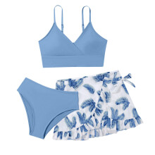 Mädchen 3-teiliges Bikini-Set mit Blumenmuster, bestehend aus Oberteil, Shorts und Rock, Sommer-Strandmode, hellblau, 9-10 Jahre
