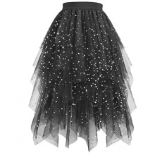 Sparkly Mesh Tulle Long Skirt Flared A Line Sequins-Black S