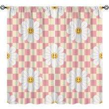 Floral Curtains Retro Chamomile Pink White Grid 2 Panels