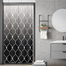Perdea de duș geometrică Ombre alb-negru, 91x183 cm, poliester impermeabil, croială îngustă/pentru rulote, pachet de 7 cu cârlige, compatibilă