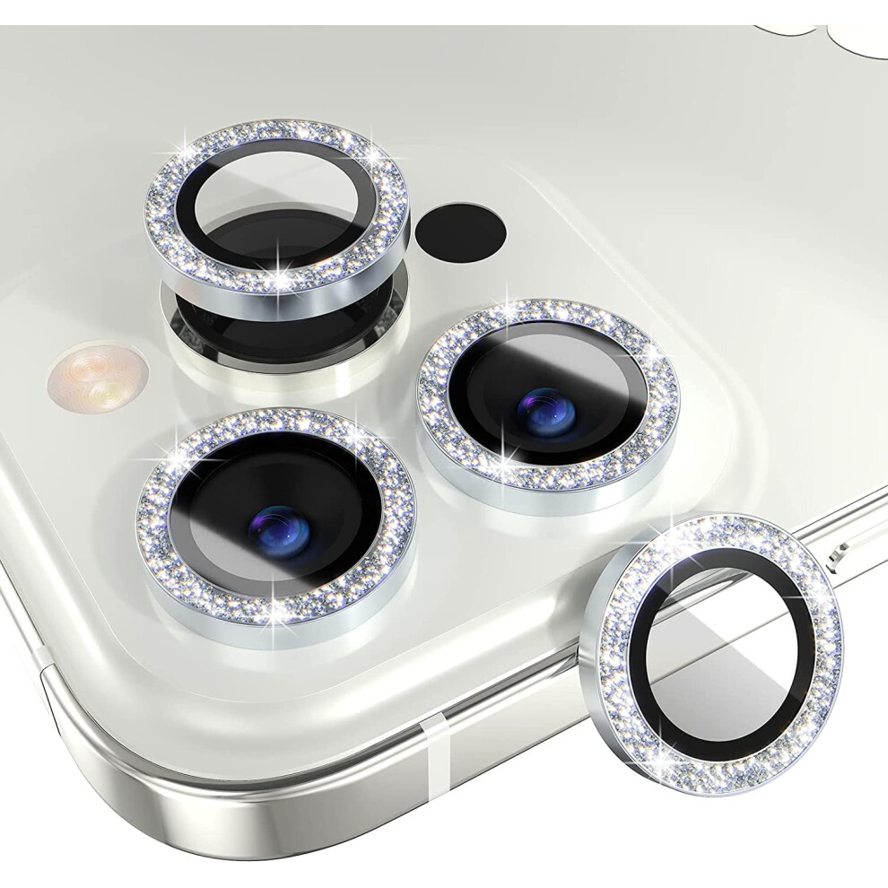 [3+1] Bling Camera Lens Protector For Iphone 14 Pro & Pro Max Â 9H Tempered Glass + Metal Ring, Glitter- Silver 9448483017251
