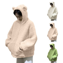 Bjørnehættetrøje med ører Dametrøjer Varm flannelsweatshirt Mode Efterår Vinter Hjemmetøj, Beige, Størrelse M