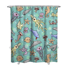Perdea de fotbal cu rechini din desene animate, 183x213 cm, poliester impermeabil, set de cârlige, design de joc marin pentru baia copiilor sau