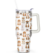 Gobelet isotherme pour chien de 1,2 L (40 oz) : Gobelet isotherme avec couvercle à paille et poignée rabattable, en acier inoxydable, étanche et