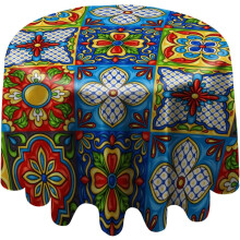 60" rund mexicansk Talavera-dug, vandtæt og vaskbar polyester, krølfri – kompatibel med køkken, spisestue, bryllup, buffet og