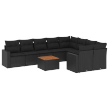 vidaXL 10-tlg. Garten-Sofagarnitur mit Kissen Schwarz Poly Rattan