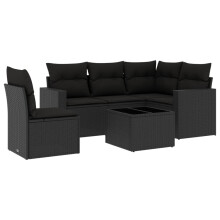 vidaXL 6-tlg. Garten-Sofagarnitur mit Kissen Schwarz Poly Rattan