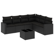vidaXL 7-tlg. Garten-Sofagarnitur mit Kissen Schwarz Poly Rattan