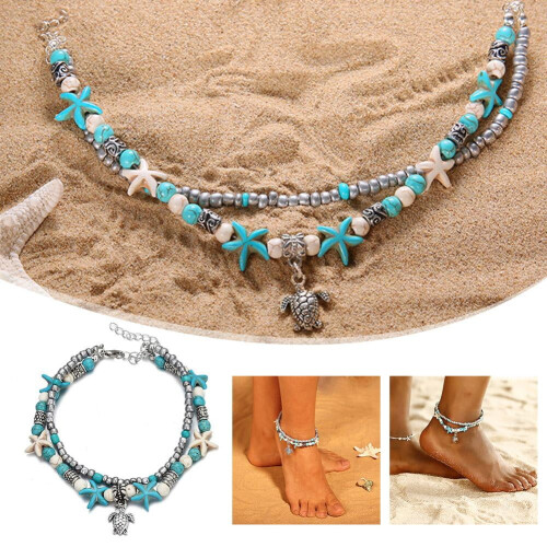 Women's Starfish Anklet Alloy Turquoise Beaded Boho Style 1