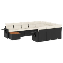 vidaXL 11-tlg. Garten-Sofagarnitur mit Kissen Schwarz Poly Rattan