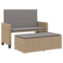 vidaXL Gartenbank mit Kissen und Hocker Beige Poly Rattan