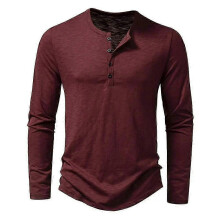 (S, army green) Men's Long Sleeve Cotton Henley Neck Button T-Shirt Casual Solid Color