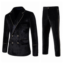 (s, 1) Mens 2-Piece Business Casual Velvet Gold Trim Notched Lapel Double Nreasted Slim Fit Suit (Blazer & Pants)
