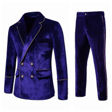 (s, 1) Mens 2-Piece Business Casual Velvet Gold Trim Notched Lapel Double Nreasted Slim Fit Suit (Blazer & Pants)