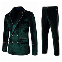 (s, 1) Mens 2-Piece Business Casual Velvet Gold Trim Notched Lapel Double Nreasted Slim Fit Suit (Blazer & Pants)