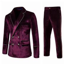 (s, 1) Mens 2-Piece Business Casual Velvet Gold Trim Notched Lapel Double Nreasted Slim Fit Suit (Blazer & Pants)