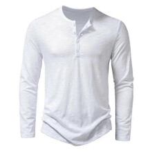 (S, army green) Men's Long Sleeve Cotton Henley Neck Button T-Shirt Casual Solid Color