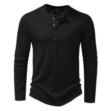(S, army green) Men's Long Sleeve Cotton Henley Neck Button T-Shirt Casual Solid Color